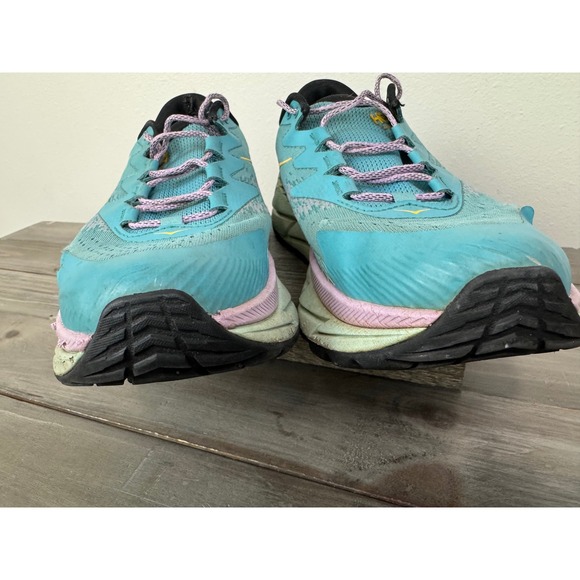 Hoka Clifton 9.5 Womens Trail Running Shoes Teal Lavender Yellow Vibram Sneakers - Picture 4 of 13
